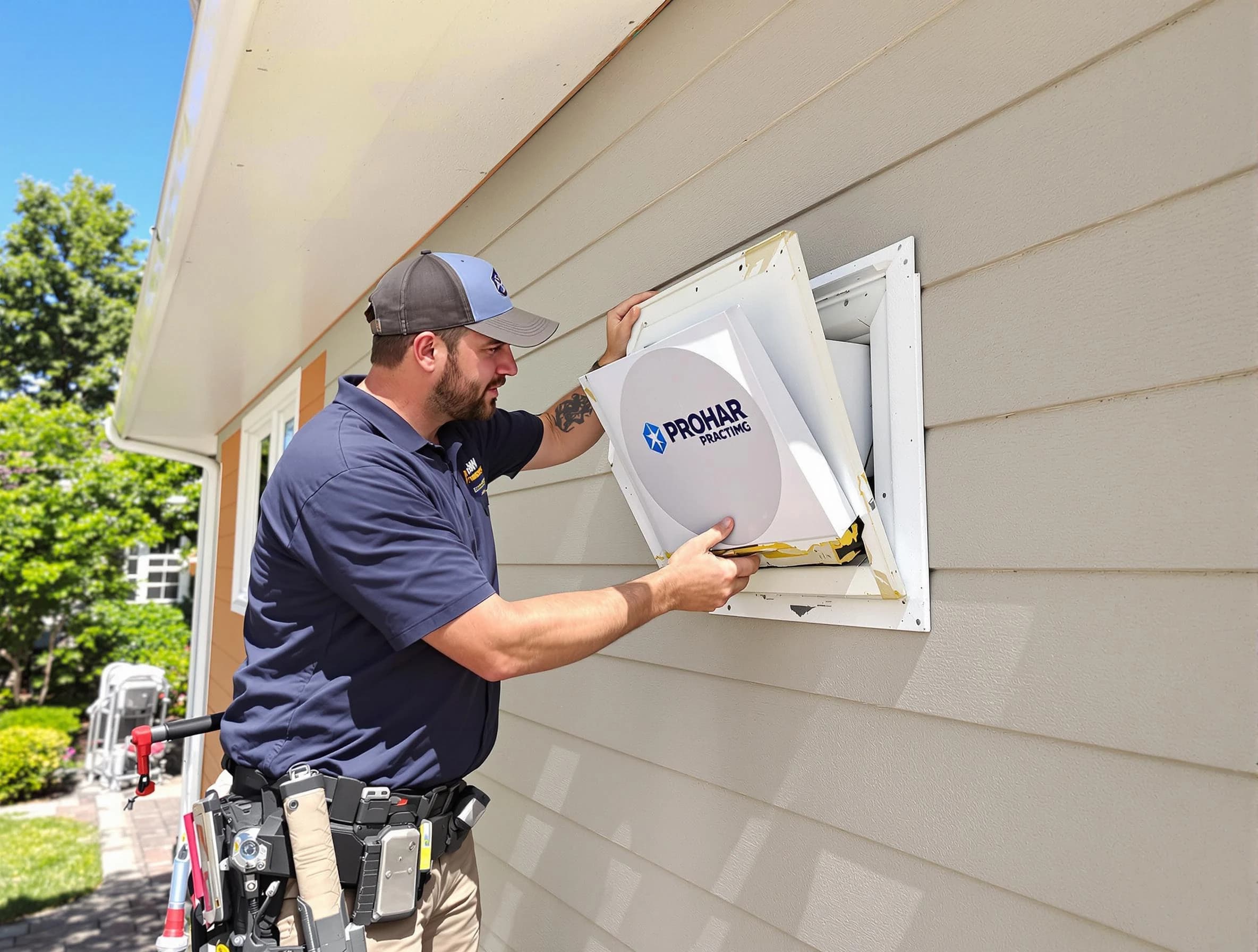 White Oak Dryer Vent Cleaning technician installing a new protective dryer vent cover on a home in White Oak