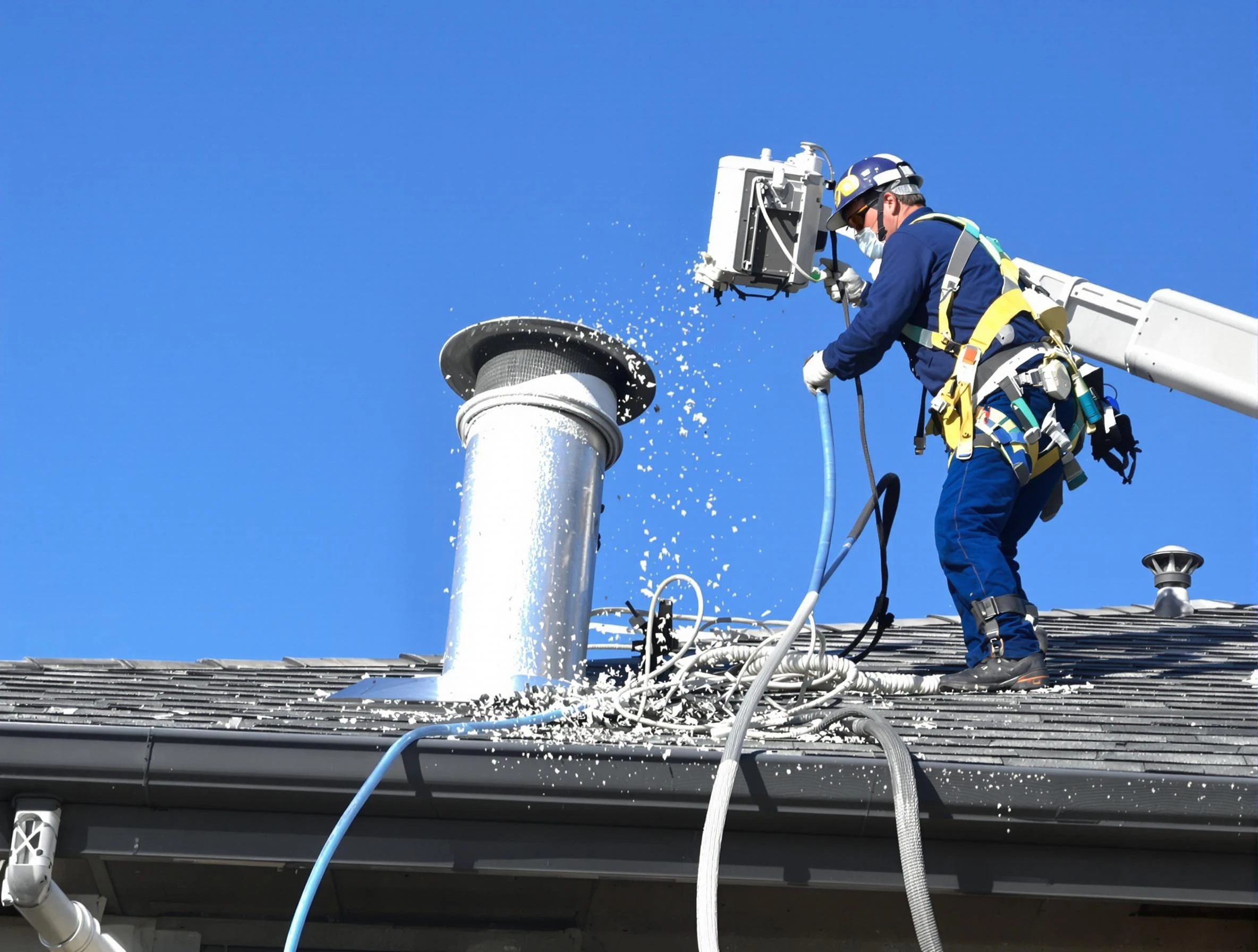 White Oak Dryer Vent Cleaning certified technician safely cleaning a roof-mounted dryer vent in White Oak