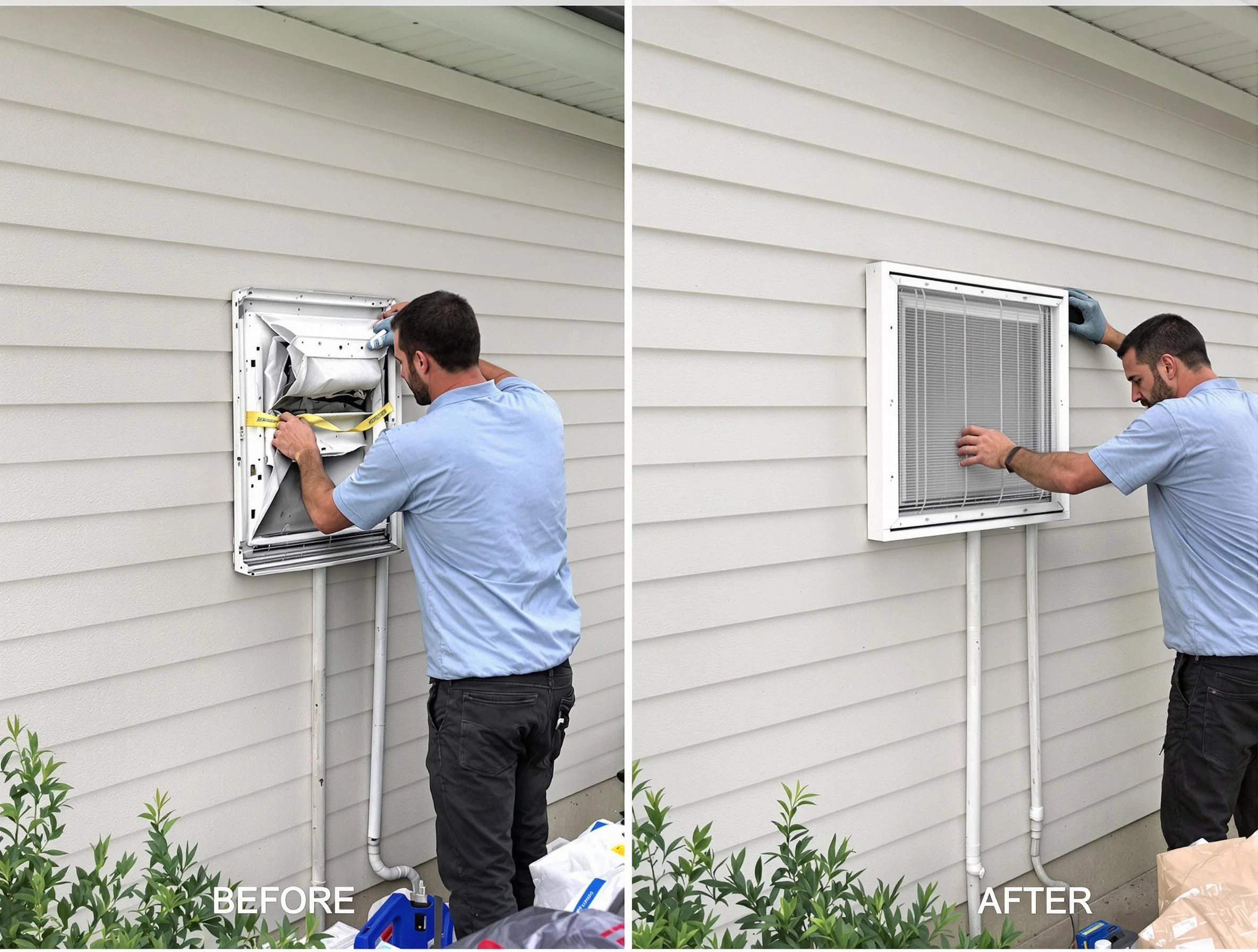 White Oak Dryer Vent Cleaning technician installing high-quality dryer vent cover at a residential property in White Oak